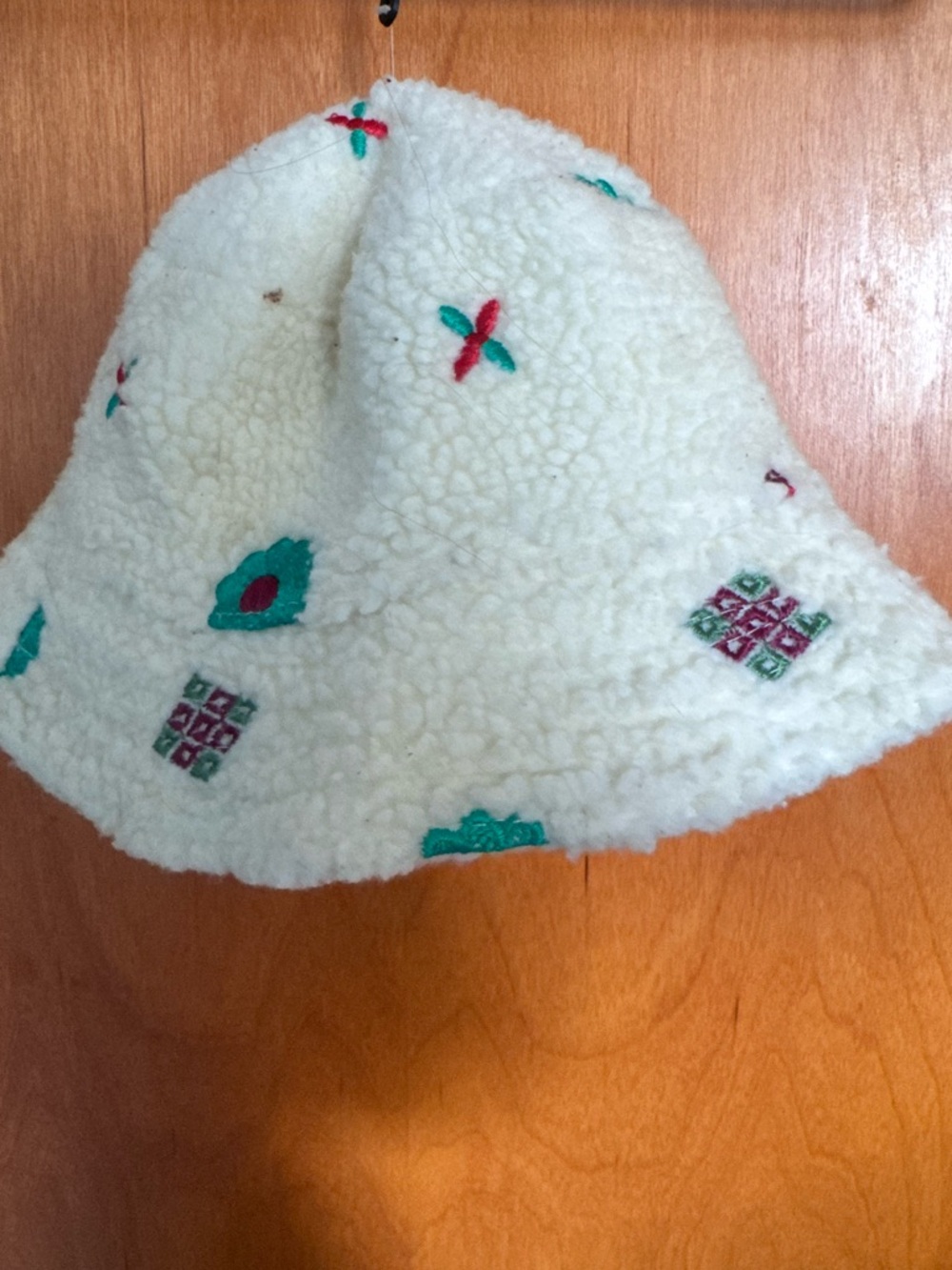 Embroidered Sherpa Bucket Hat - Cream with Teal & Red Accents